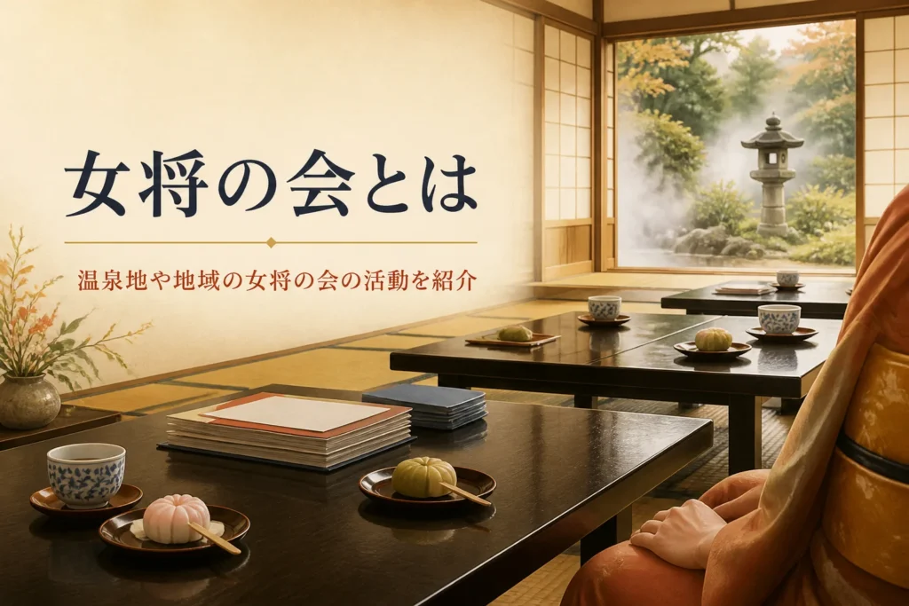女将の会の活動を紹介する記事のアイキャッチ。温泉地の旅館の和室に並ぶ座卓と湯呑み