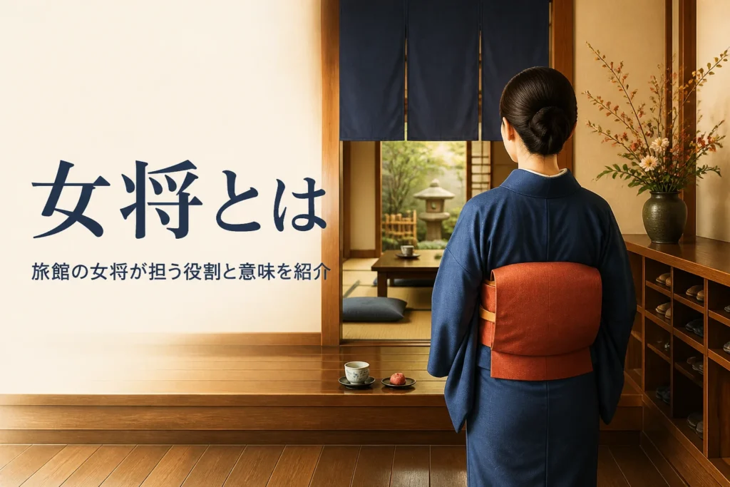 女将の意味と旅館で担う役割を紹介する記事のアイキャッチ。旅館の玄関に立つ着物姿の後ろ姿