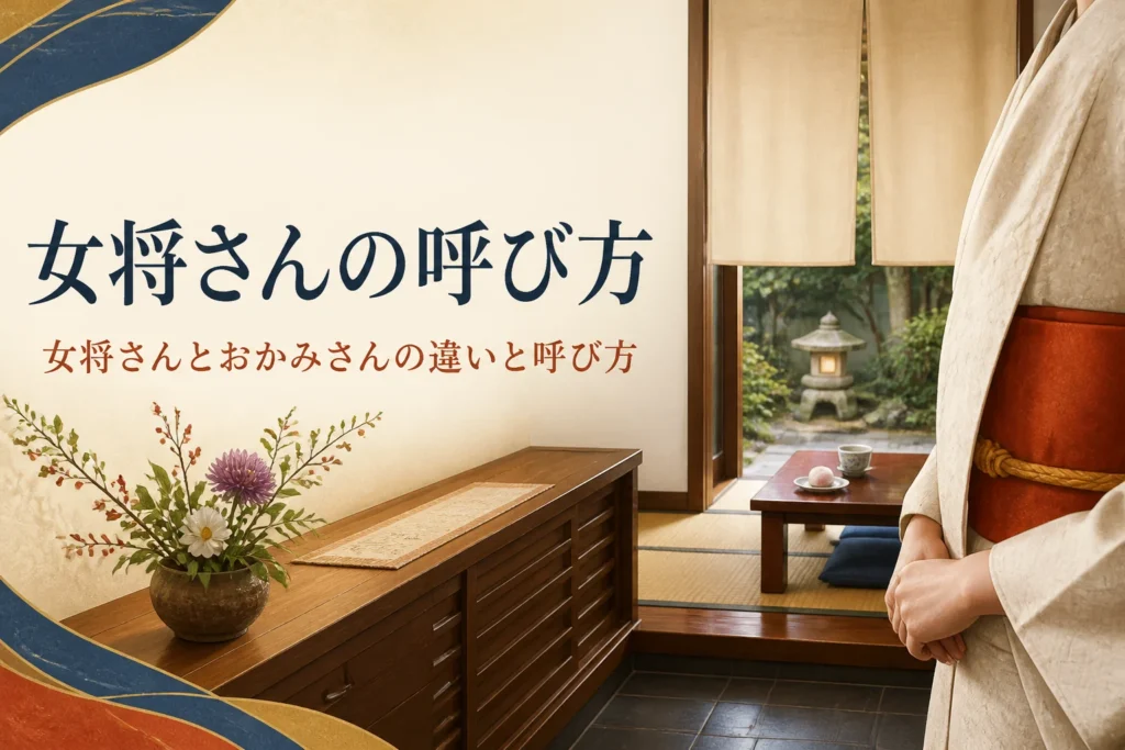 女将さんの意味と呼び方を紹介する記事のアイキャッチ。旅館の玄関の式台と着物の手元
