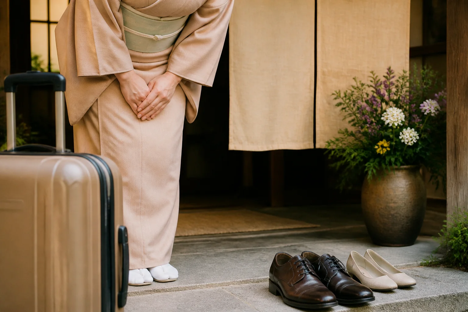 お見送りの場面で女将さんにお礼を伝える場面をイメージした写真