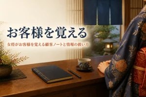 女将がお客様を覚える方法と顧客ノートの扱い方を紹介する記事のアイキャッチ。帳場の机のノートと着物の手元