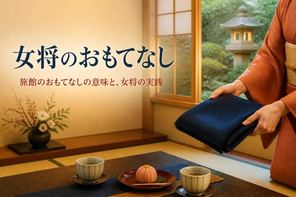 旅館のおもてなしを紹介する記事のアイキャッチ。旅館の客室でひざ掛けを差し出す着物の手元