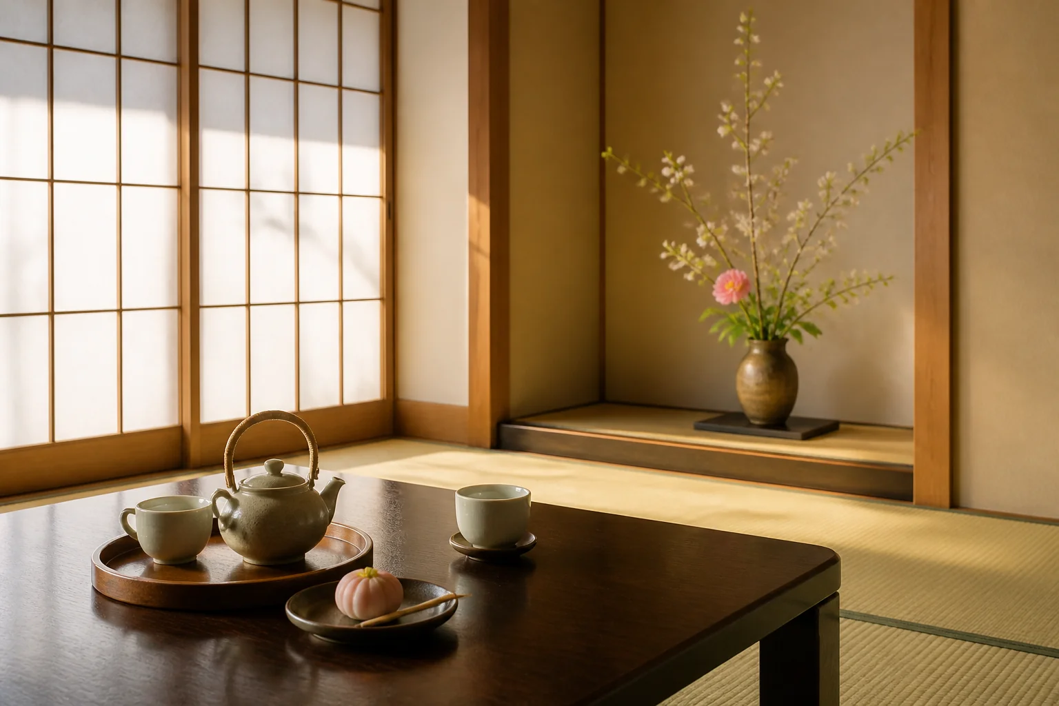 旅館の客室に季節の花が生けられ、座卓にお茶の用意が整えられた様子の写真