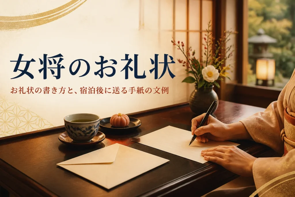 お礼状の書き方を紹介する記事のアイキャッチ。旅館の文机で便箋に向かう着物の手元