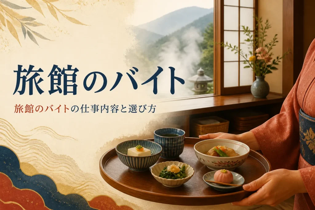 旅館のバイトの仕事内容と選び方を紹介する記事のアイキャッチ。配膳室のお盆と湯けむりの景色