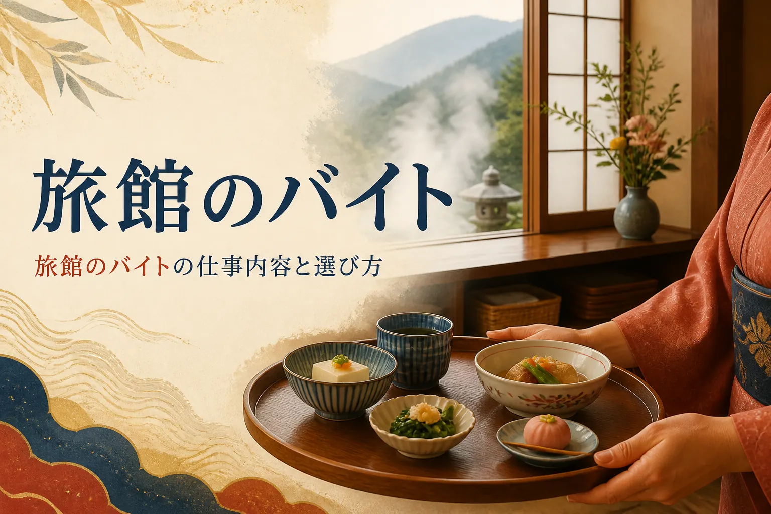旅館のバイトの仕事内容と選び方を紹介する記事のアイキャッチ。配膳室のお盆と湯けむりの景色