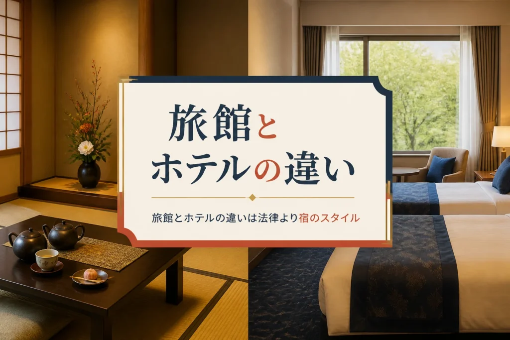 旅館とホテルの違いを紹介する記事のアイキャッチ。和室の客室と洋室の客室を並べたイメージ
