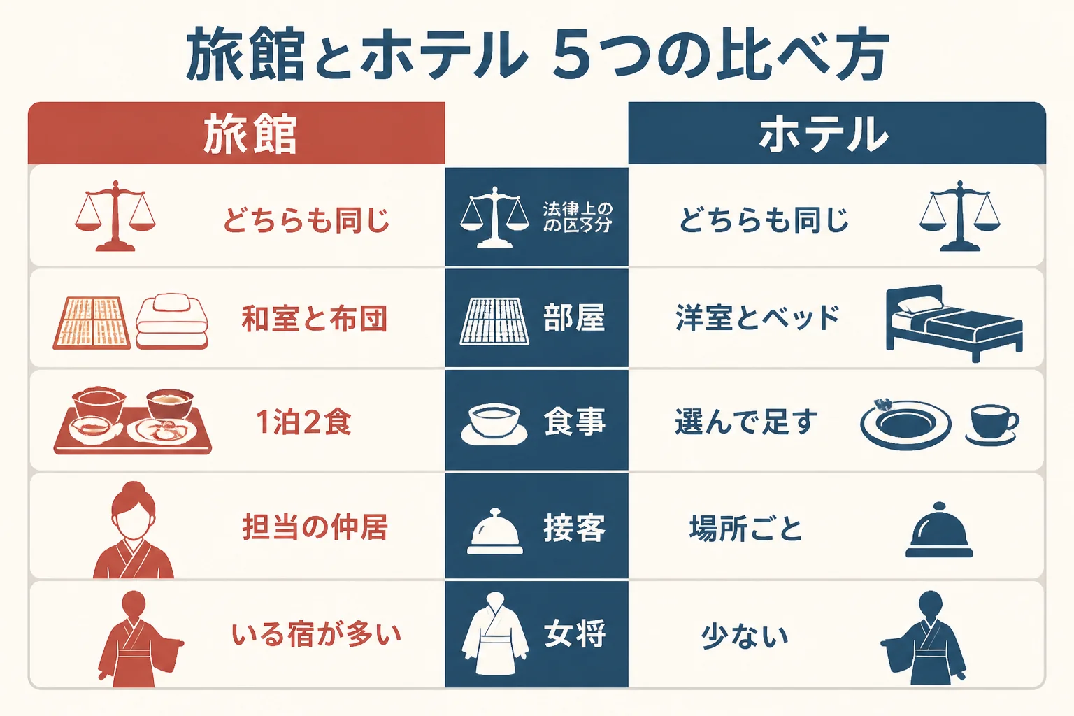 旅館とホテルを、法律上の区分・部屋の造り・食事・接客の形・女将の有無の5つで比べた図解