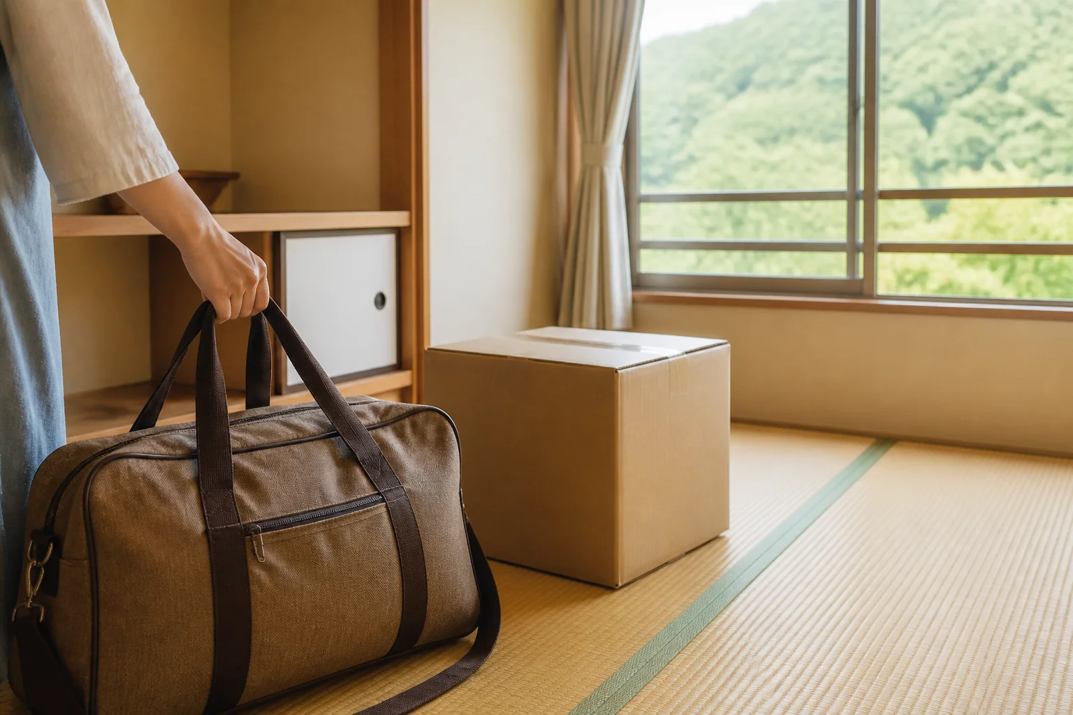 旅館の寮の部屋に荷物を運び入れる場面をイメージした写真