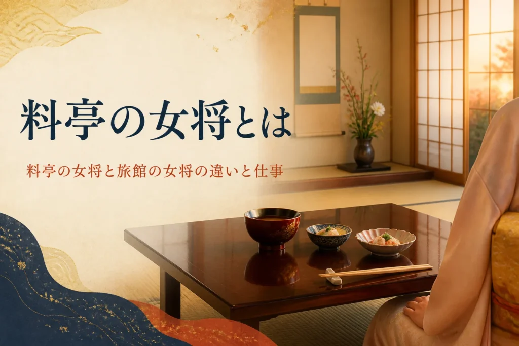 料亭の女将について紹介する記事のアイキャッチ。床の間のある座敷に整えられた会食の席