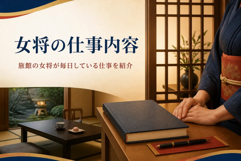 旅館の女将の仕事内容を紹介する記事のアイキャッチ。帳場の予約帳と着物の手元