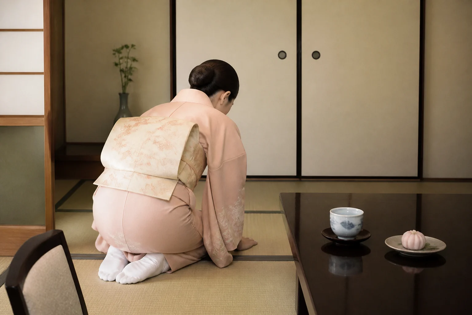 夕食時に女将が客室へご挨拶に伺う場面をイメージした写真