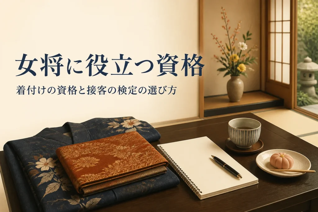 女将に役立つ着付けの資格や接客の検定を紹介する記事のアイキャッチ。和室の座卓に着物とノート