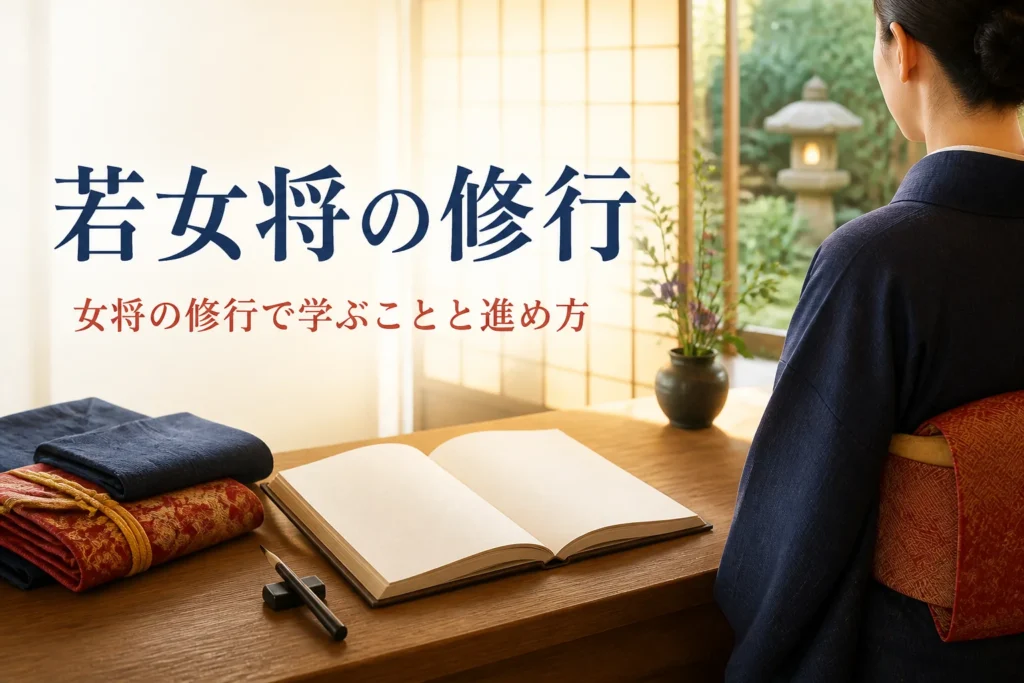 若女将の修行で学ぶことを紹介する記事のアイキャッチ。旅館の帳場の机と着物