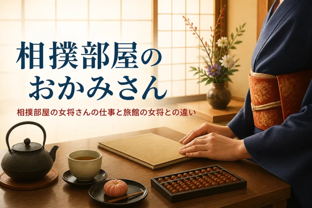 相撲部屋のおかみさんの仕事を紹介する記事のアイキャッチ。和室の座卓に置かれた帳面と湯呑み、着物の手元