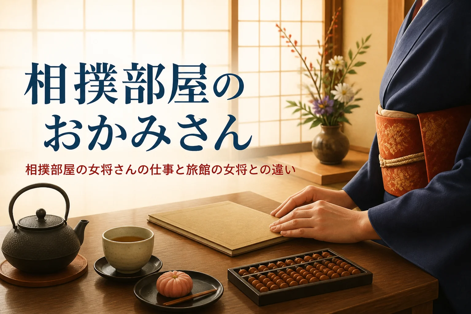 相撲部屋のおかみさんの仕事を紹介する記事のアイキャッチ。和室の座卓に置かれた帳面と湯呑み、着物の手元