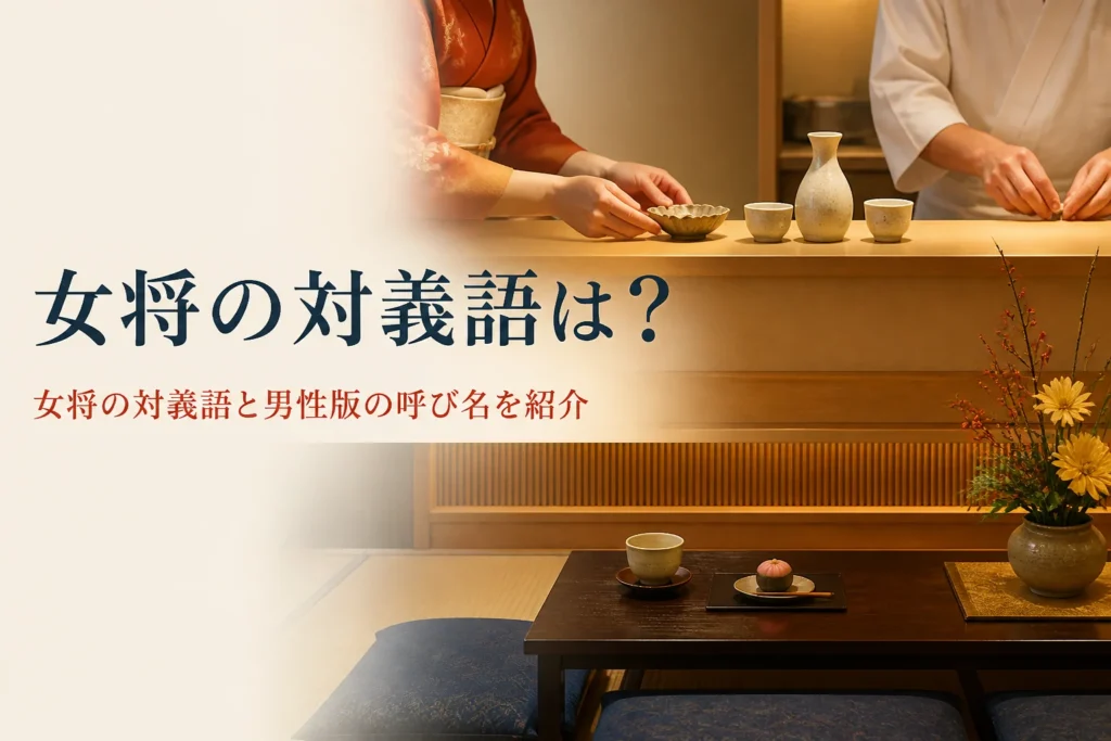 女将の対義語や男性版の呼び名を紹介する記事のアイキャッチ。和食のお店のカウンターに並ぶ着物と調理衣の手元