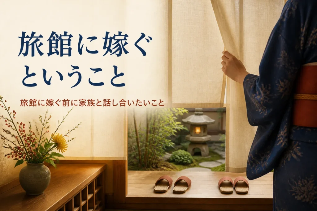 旅館に嫁ぐ前に知っておきたいことを紹介する記事のアイキャッチ。旅館の玄関と暖簾に添えた手元