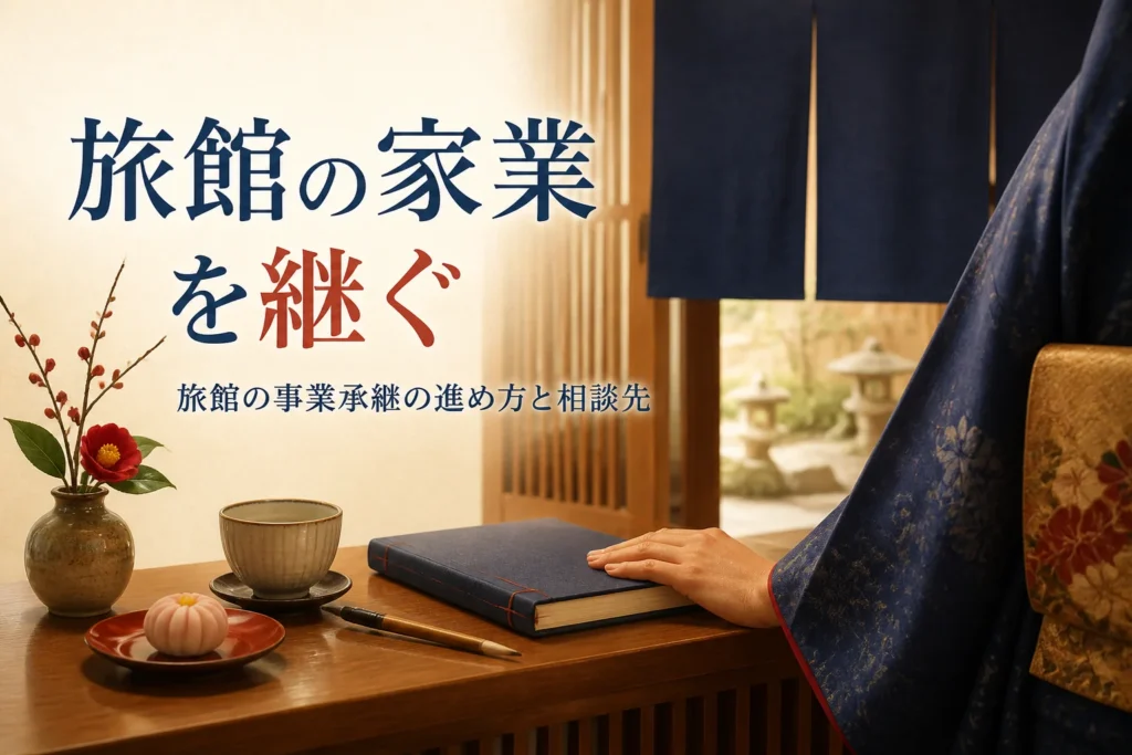 旅館の事業承継の進め方を紹介する記事のアイキャッチ。旅館の帳場の机と帳面に添えた手元