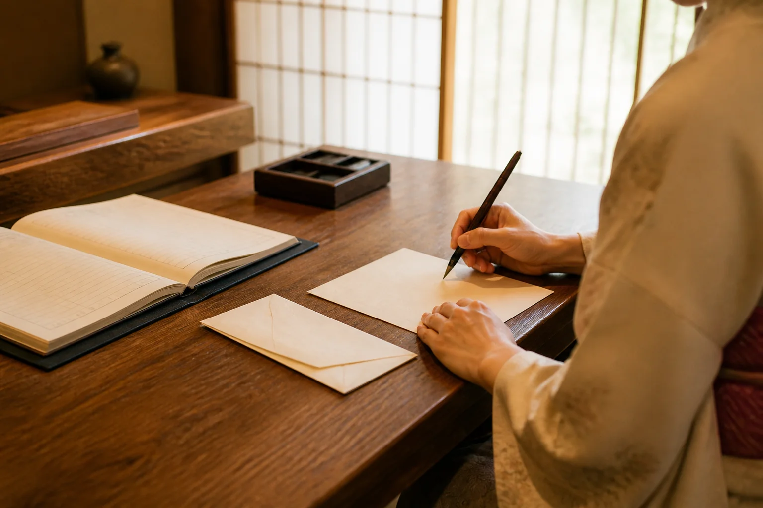 若女将が帳場でお礼状を書く場面をイメージした写真