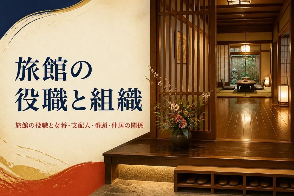 旅館の役職と組織を紹介する記事のアイキャッチ。旅館の帳場と廊下