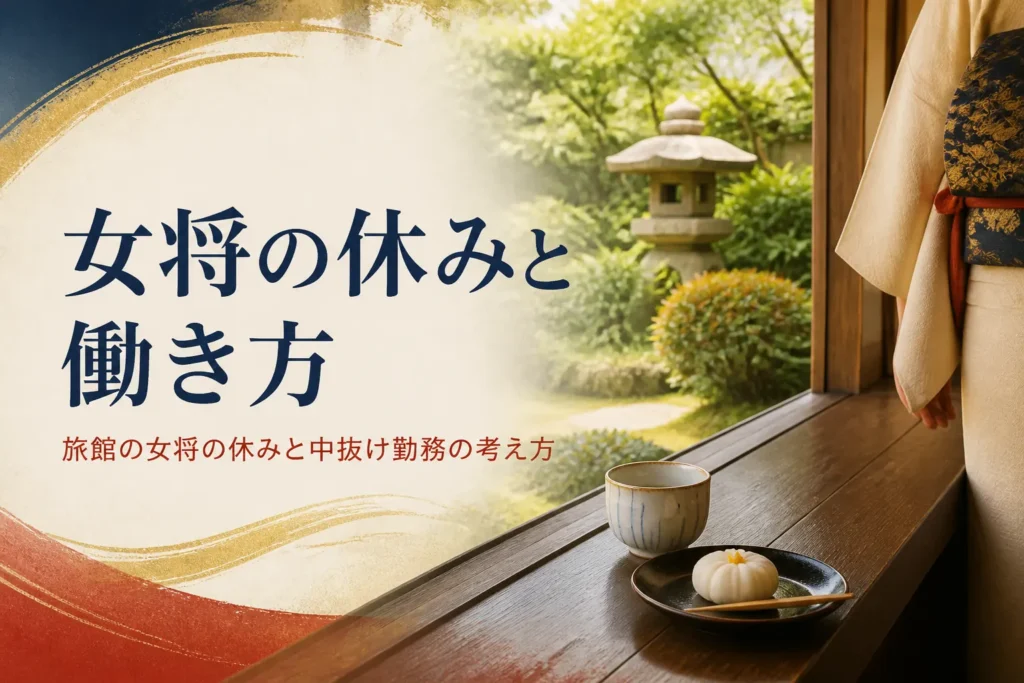 旅館の女将の休みと中抜け勤務を紹介する記事のアイキャッチ。昼下がりの中庭と縁側の湯呑み