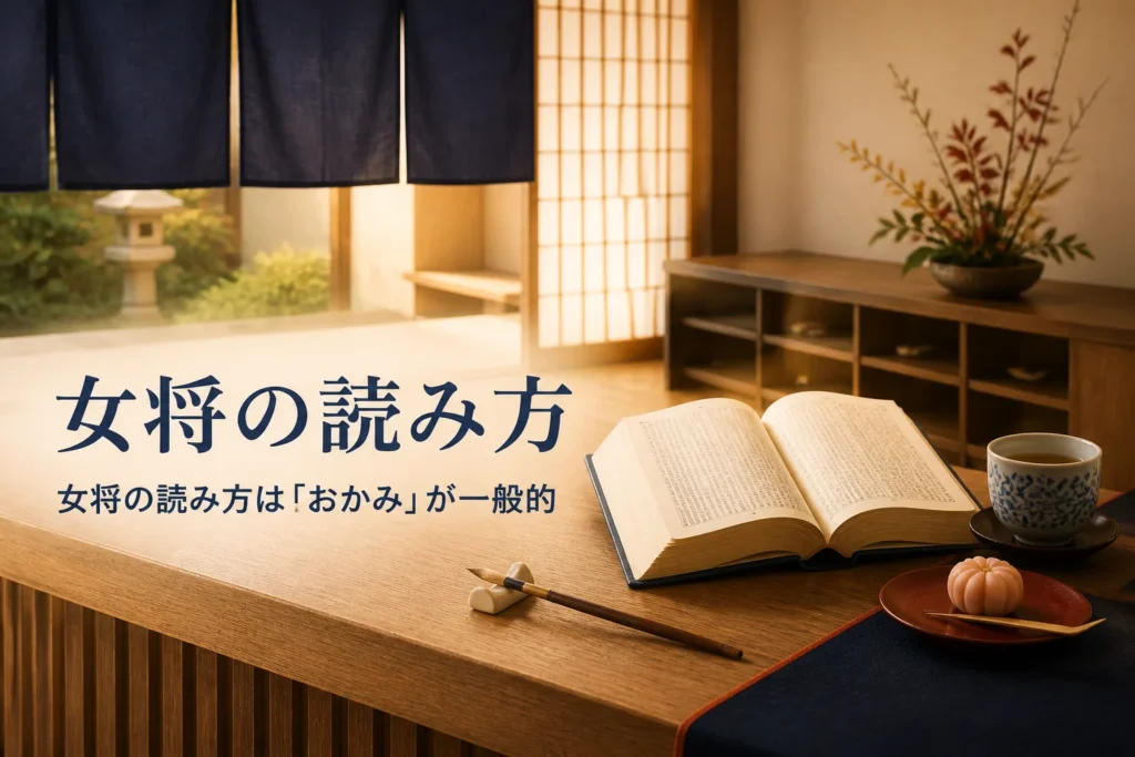 女将の読み方を紹介する記事のアイキャッチ。旅館の帳場の机に置かれた辞書と筆